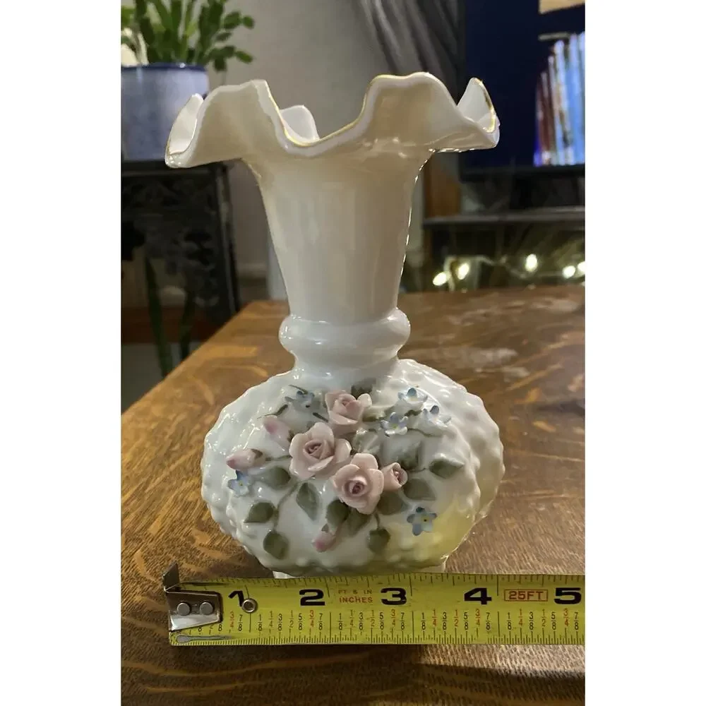 Lefton White Hobnail 3D Ruffle Pink Roses Blue Flowers Green Leaves 833 Vase